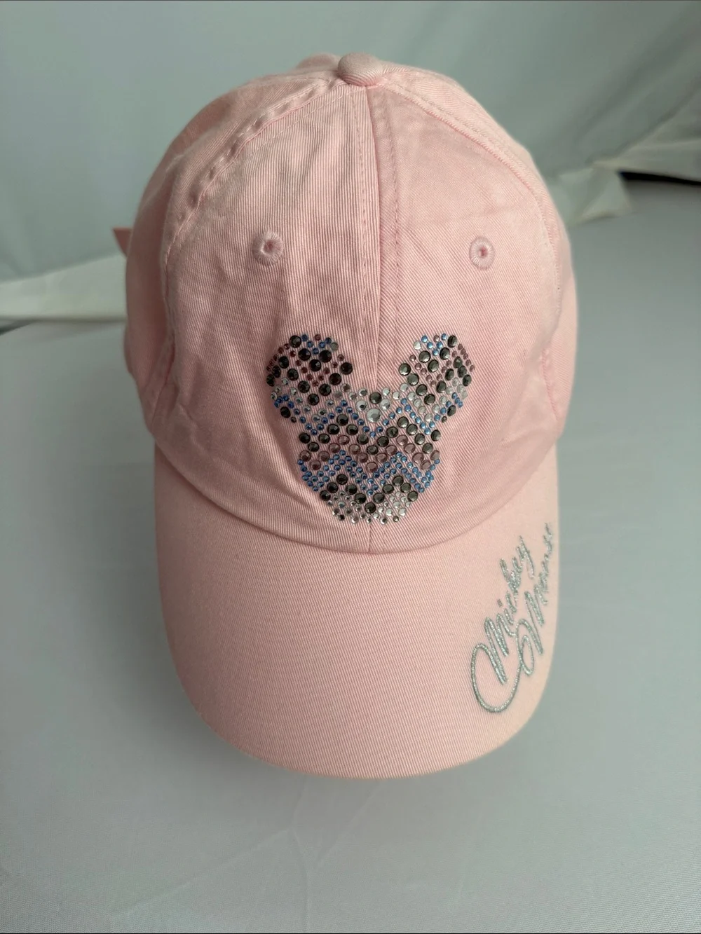 Disney Parks light pink rhinestone silver embroidery Mickey Mouse adjustable hat